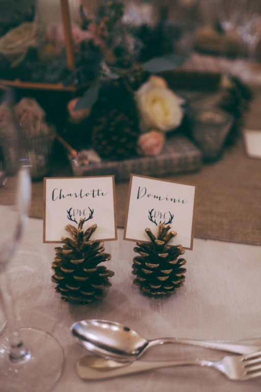 Fall wedding inspiration - pine cone table numbers for wedding decor